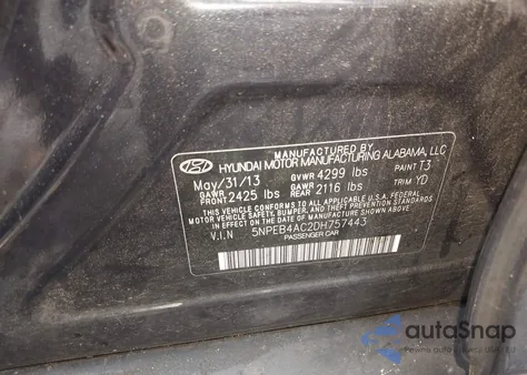 2013 Hyundai Sonata Gls из США, поврежденный, VIN 5NPEB4AC2DH757443